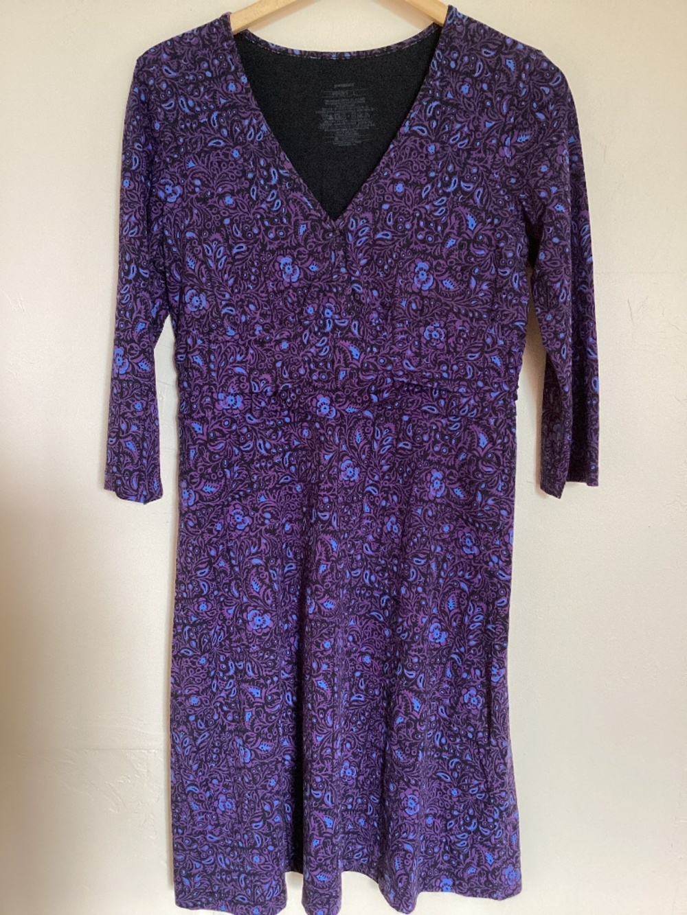 Patagonia Women 3/4 Sleeve Margot Knee Length Dress Size L Purple Black Blue